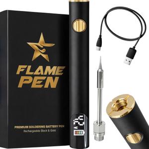 510 Threaded Battery Pen, 650mAh Cordless Soldering Iron with LED Display, Precise Temp Control USB-C Rechargeable, 3-Speed Adjustable Appliance Repair, DIY & Jewelry | Flame Pen Black & Gold