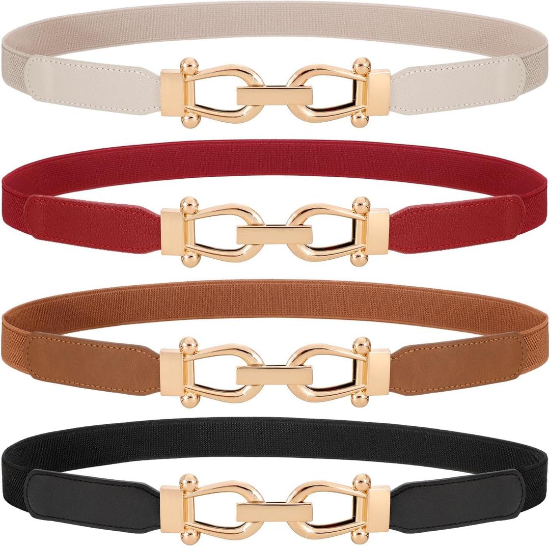 WERFORU 4 Pack Women Skinny Elastic Waist Belt Gold Buckle Stretchy Thin Belt for Jeans Dress (Fit waist size 23"-28", Black+brown+red+beige)