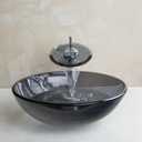 Vessel Sink Tempered Glass Round Bowl and Mixer Waterfall Faucet Drain Combo Set Grey Color, 19x19x9 inches