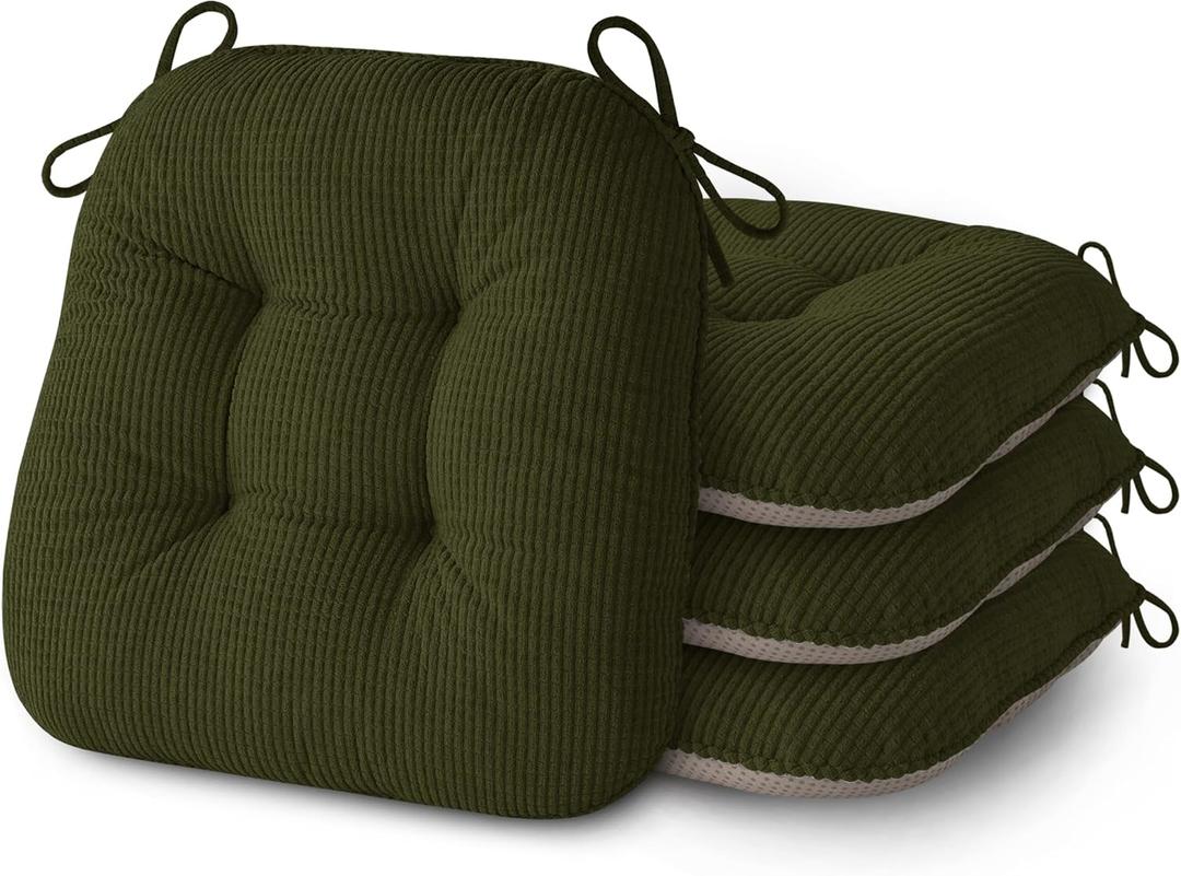 AddGrace Chair Cushions for Dining Chairs Set of 4 Non-Slip Kitchen Seat Cushions with Ties Tufted Thick Seat Pads for Indoor Kitchen Dining Furniture 17"x16"x3" Dark Green
