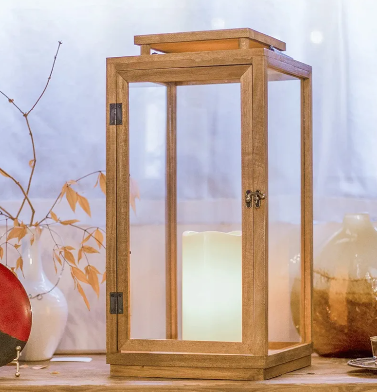 Large Metal Lanterns Decorative - 16 inch  Waterproof Wood Lanterns Decorative with Tempered Glass & LED Flameless Candle , Decorative Lantern for Indoor Outdoor, Front Porch, Garden, Farmhouse