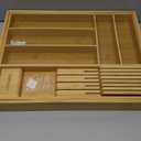 Bamboo-Silverware-Drawer-Organizer-Kitchen, Expandable Utensil Holder Cutlery Tray Flatware Organization Adjustable Wood Tableware Dividers Storage (with Removable Knife Block)(Natural) (Large)