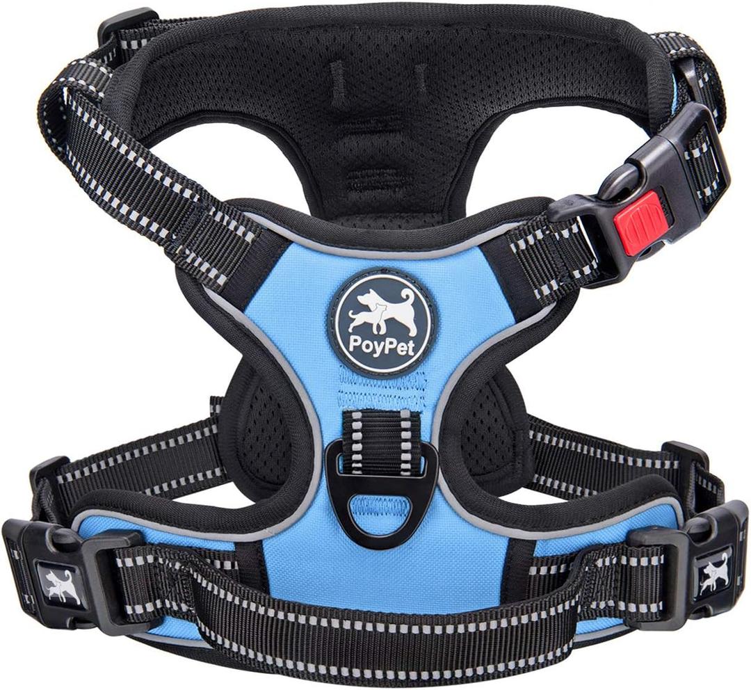 PoyPet No Pull Dog Harness, No Choke Front Clip Dog Reflective Harness, Adjustable Soft Padded Pet Vest with Easy Control Handle for Small to Large Dogs (Light Blue,M)