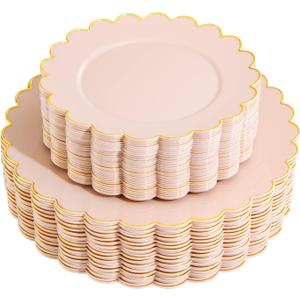 LIYH 60 Pcs Pink Plastic Plates with Gold Pink Plates Disposable Plate Includes 30 Dinner 10.25" and 30 Dessert Plate 7.5" for Baby Shower,Weddings,Parties,Birthday,Mothers Day