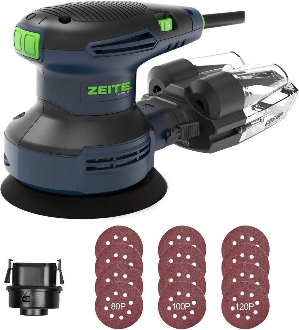 ZEITE Random Orbital Sander Tool, Electric Palm Sander, 3.0 Amp Wood Sanding Machine, Variable Speed 5000-12000 OPM, Cyclonic Dust Box, Vacuum Adapter, 12Pcs 5" Sandpapers for Sanding and Polishing (Dark Blue)