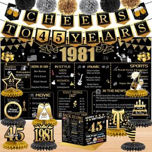 45th Birthday Decorations for Women Men, 18PCS Black Gold Back in 1981 Banner Decorations, Bday Backdrop, 45 Year Old Banner for Her Him, Birthday Card, 6 Paper Poms 9 Honeycomb Balls