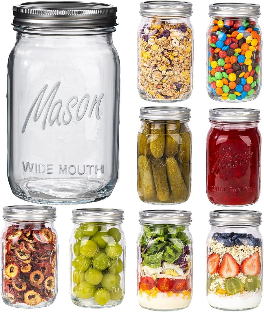 WELLIFE Wide Mouth Mason Jars, 9 Pack Mason Jars 32 oz for Pickling, Canning, Fermenting and Food Storage, Microwave & Dishwasher Safe
