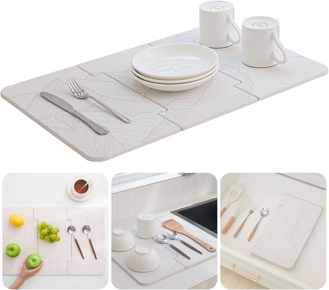 Chefs Path Dish Stone Drying Mat - 23.6x15.4in Mountain Print Spliced Kitchen Mat - Quick Drying and Ultra Absorbent Diatomaceous Earth and Quartz Dish Drying Mat with Non Slip Pad and Sandpaper