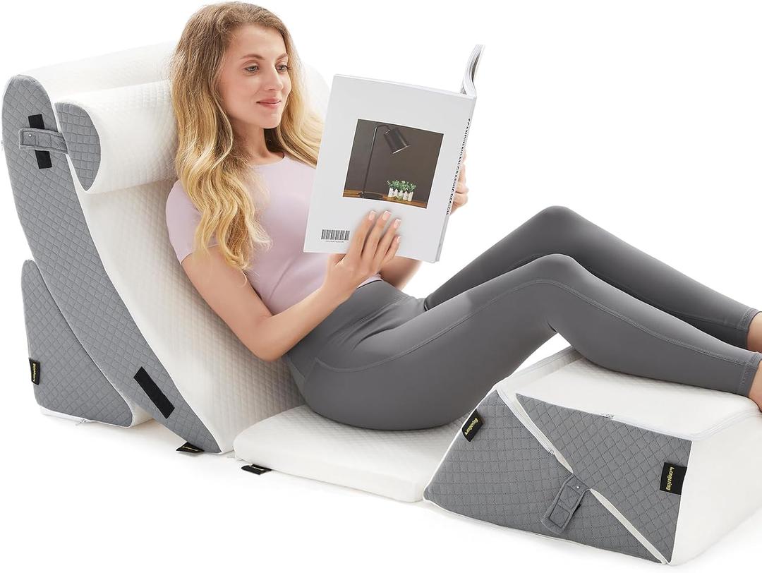 6PCS Orthopedic Bed Wedge Pillow Set for Sleeping - Post Surgery Pillow Set for Body Back and Leg Pain Relief - Adjustable Pillows for Snoring & Heartburn & Acid Reflux (White Grey)