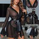Avidlove Mesh Lingerie Robe Sets Long Sleeve Kimono Nighty With Thong | Sexy, Long Sleeve, Soft, Sheer Mesh, Robe with Thong, Ruffle Bell Sleeves