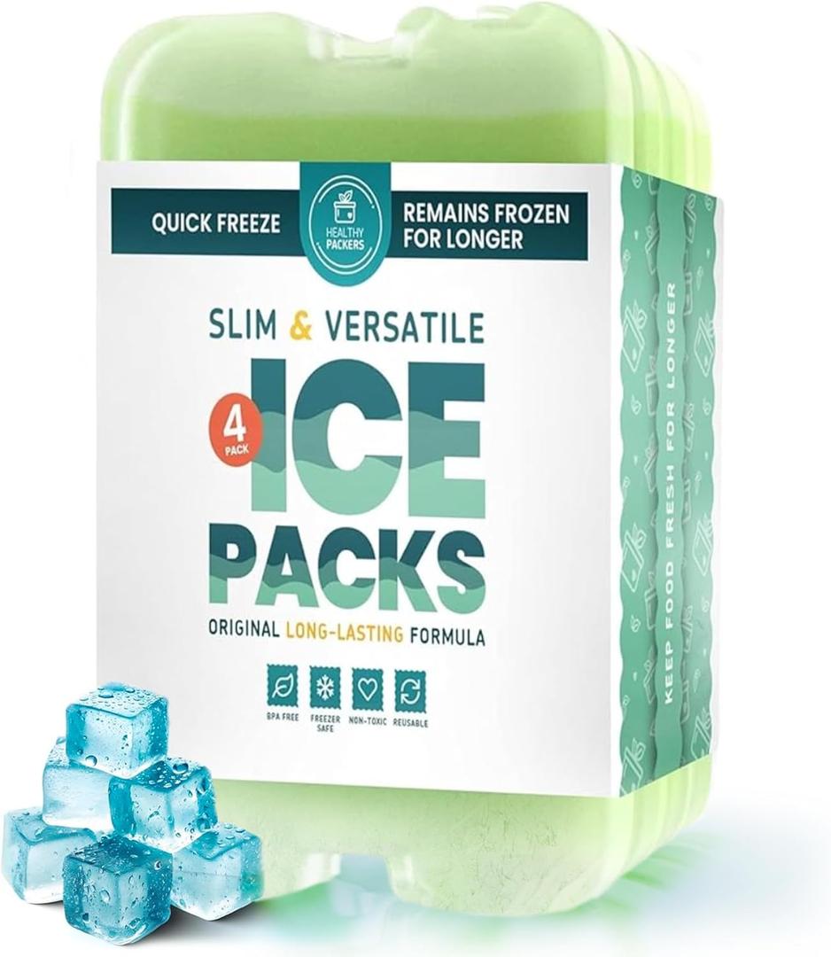 Healthy Packers Reusable Ice Packs for Lunch Boxes - Long Lasting Slim Freezer Packs, Thin Non-Toxic BPA-Free Hard Gel Ice Blocks for Coolers, Kids & Adults Lunch Bags, Travel, Camping, Food Storage (Green (4 Pack))