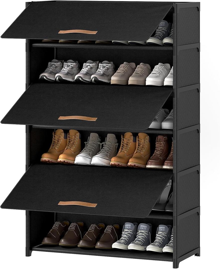 Shoe Rack, 7 Tier Shoe Storage Cabinet with Door 28 Pair Plastic Shoe Shelves Organizer for Closet, Entryway, Hallway, Bedroom, Black
