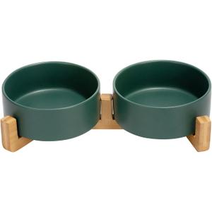 SPUNKYJUNKY Ceramic Dog and Cat Bowl with Wood Stand Non-Slip Matte Glaze Weighted Food Water Set for Cats &Small Dogs 13.5 OZ Green