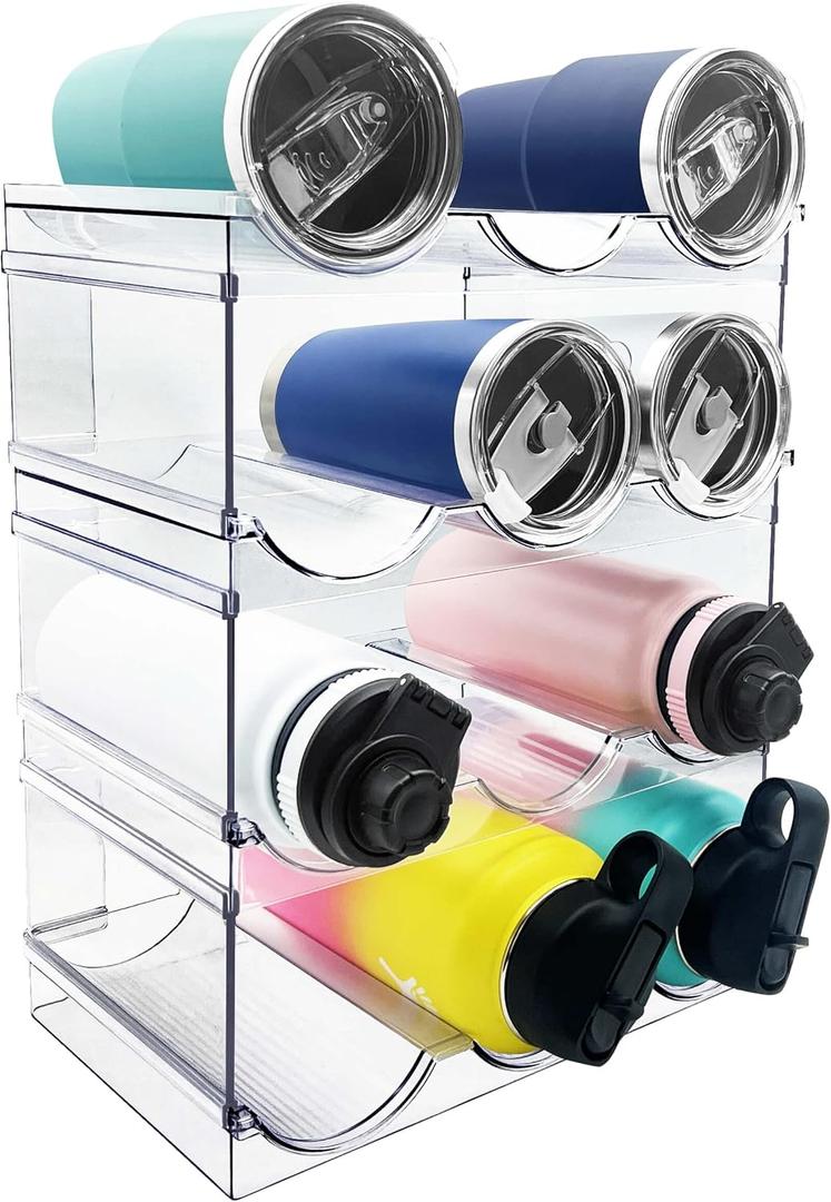 4 Pack Water Bottle Organizer, Stackable Kitchen Pantry Organization and Storage Shelf, Plastic Bottle Holder for Fridge Kitchen Cabinet Organizer and Storage, Tumbler Mug Cup Organizer (12-bottle)