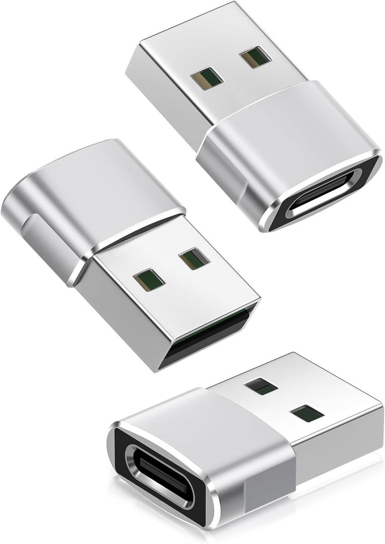 Basesailor USB to USB C Adapter 3 Pack,Type C Female A Male Charger Converter for Apple Watch Ultra iWatch 8 7 SE,iPhone 15 14 13 12 Pro,Airpods 2,iPad 8th 9th 10th Air 4th 5th Mini 6th Generation,OTG (Silver)