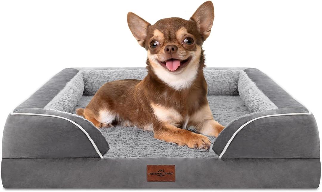 Comfort Expression Orthopedic Dog Bed for Small Dogs 24x16 Inch, Waterproof Supportive Egg Crate Foam Small Pet Bed with Removable Bolsters, Dog Couch with Washable Cover & Non-Slip Bottom, Grey