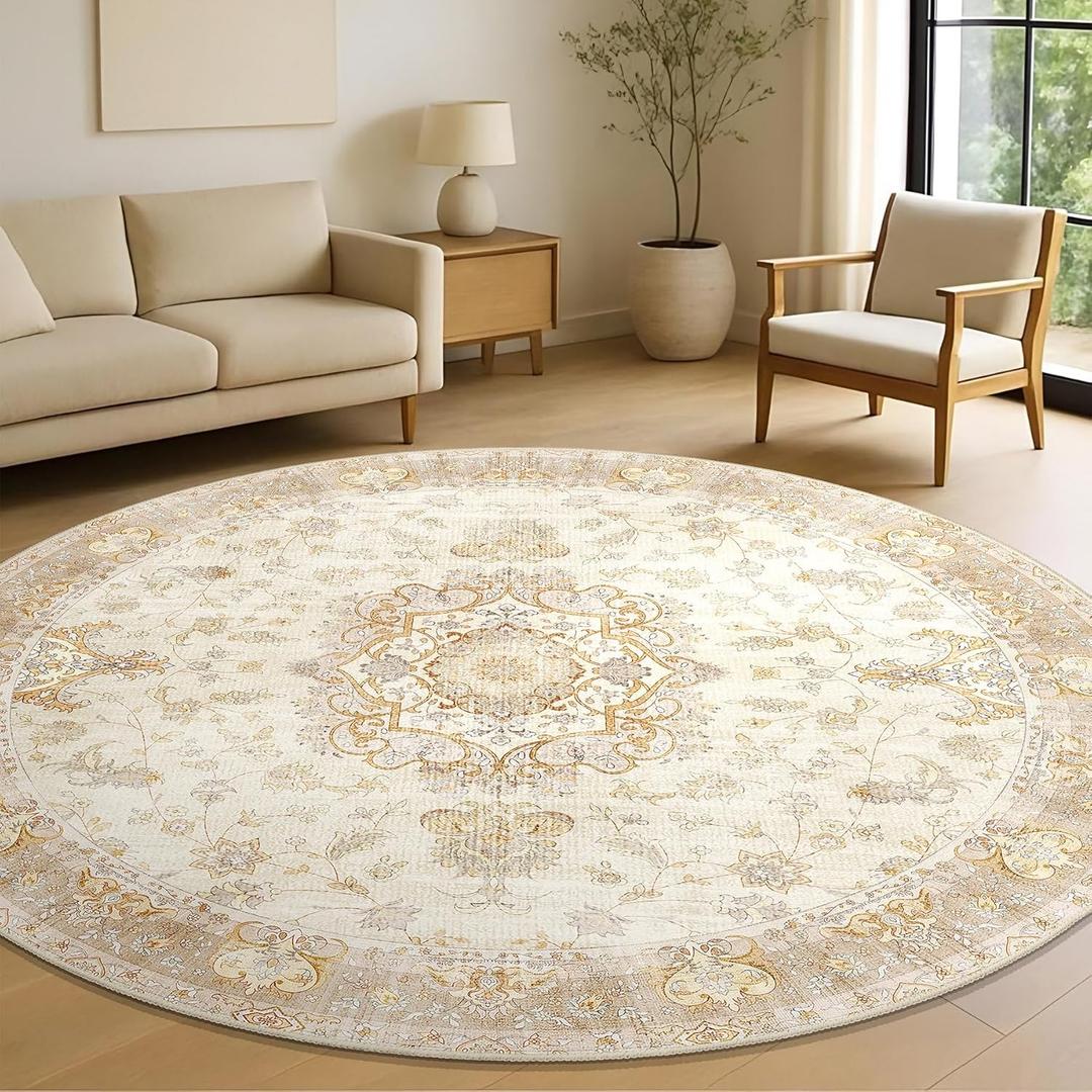 Beige Round Rug 6ft,Large Circle Area Rugs for Living Room Bedroom Dining Room,Washable Boho Vintage Bohemian Distressed Oriental Floral Carpet Non Slip,Retro Gold Floral