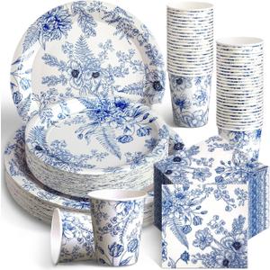 Dandat 250 Pcs Blue Disposable Plates and Napkins Floral Tableware Set for 50 Guests Disposable Plates Napkins Cups for Wedding Baby Bridal Shower Party Supplies (Flower)