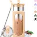 kytffu Glass Cups With Lids and Straws, 24 oz Iced Coffee Cup, Bamboo Lid Smoothie Cup With Silicone Sleeve, Clear Water Tumbler with Straw and Lid, To Go Glass Water Bottles, Amber (Amber3)