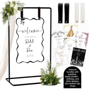 Wedding Sign Holder, Adjustable Welcome to Our Wedding Sign Stand W/Design Bundle & Leather Sign Hanging Straps, Heavy Duty Easel Stand for Sign, Wedding Seating Chart Stand, Easel for Display (Black)