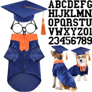 Huhumy 5 Pcs Dog Graduation Costume Set Include 2026 Pet Graduation Gown with Stole Puppy Grad Cap Lensless Glasses DIY Letter Stickers for Dogs Cats Holiday Costume Accessory(Blue Orange,L)