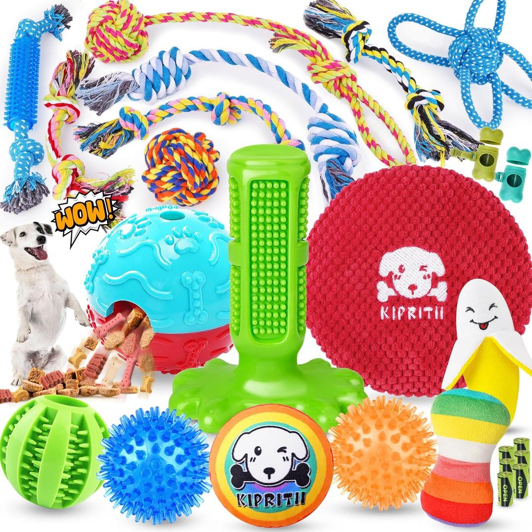 KIPRITII 25 Pack Various Puppy Dog Toys for Teething, Entertainment & Interaction, Puppy Chew Toys Pack with Rope Toy, Treat Balls and Dog Squeaky Toys for Puppies & Small Dogs