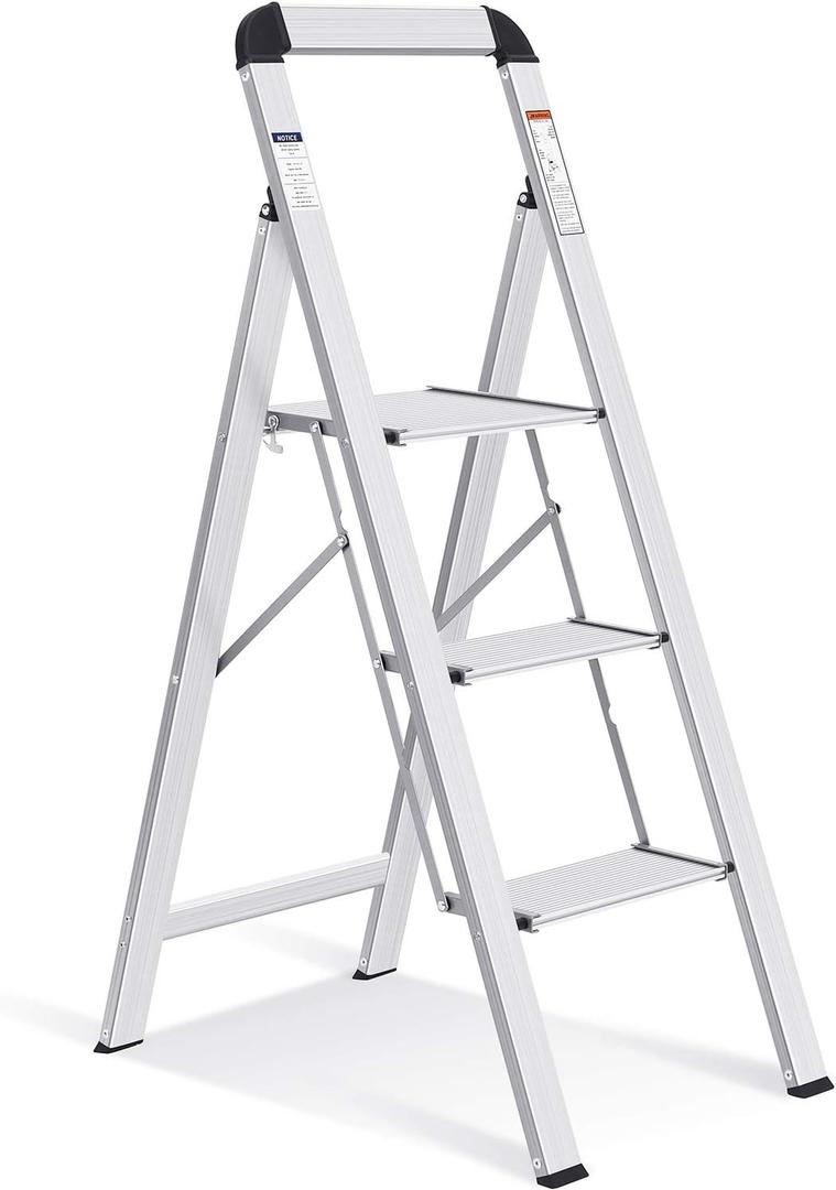 TOOLF 3 Step Ladder, Aluminum Lightweight Folding Step Stool with Utility Handle,3 Anti-Slip Steps,Wide Platform,Great for Your Kitchen, Pantry, Closets, or Home Office,Modern Stool, Indoor (Silver)