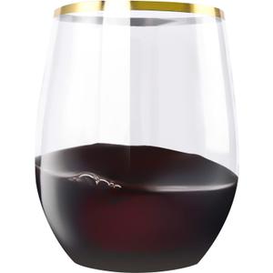 SUT 24 Pack 12oz Gold Plastic Wine Glasses Stemless, Gold Disposable Wine Cups, Premium Quality, Recyclable, Unbreakable, Crystal and BPA-Free for Party