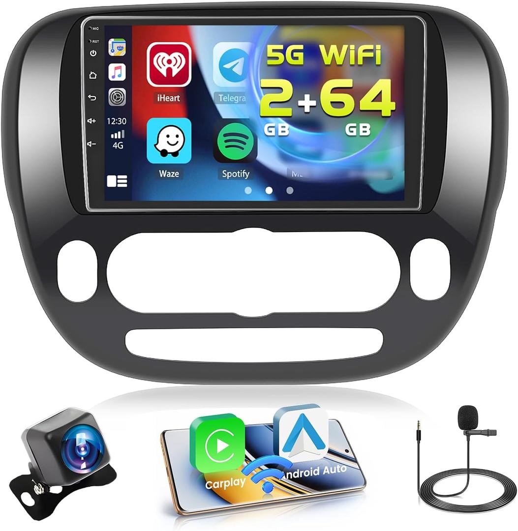 2+64GB Android Car Stereo for Kia Soul 2014-2017 Wireless Carplay Android Auto, 9 Inch Touchscreen Car Radio GPS Navi WiFi Bluetooth Backup Camera FM RDS Radio EQ SWC