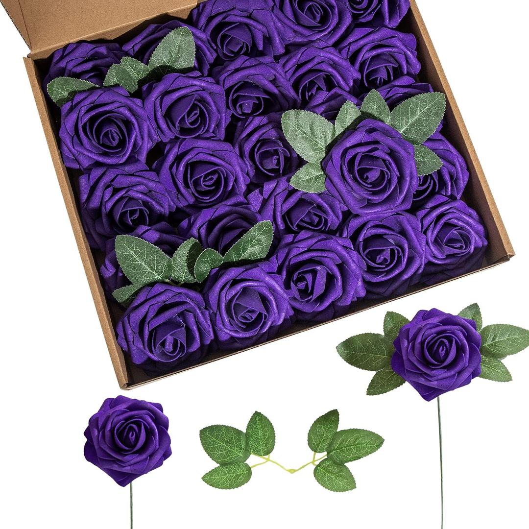 Artificial Flower Foam Rose 25pcs Real Looking Fake Rose with Stems Leaves for Home Decoration Party Garden Centerpieces DIY Wedding BouquetsPurple