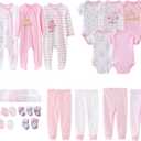 MAMIMAKA Newborn Layette Gift Set 27-Piece Baby Girl Clothes Bodysuits, Pants Essentials and Accessories 0-12Months
