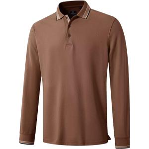 Men's Pique Polo Shirts Long Sleeve Cotton Blend Tipped Casual Collared Polo Shirts Business Classic Fit (Brown, M)