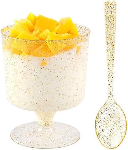 WDF 96PACK 7oz Gold Glitter Medium Large Plastic Dessert Cups With Spoons-48 Disposable Appetizer Cups |Wine Goblet Glasses & 48 Gold Glitter Tasting Spoons for Party