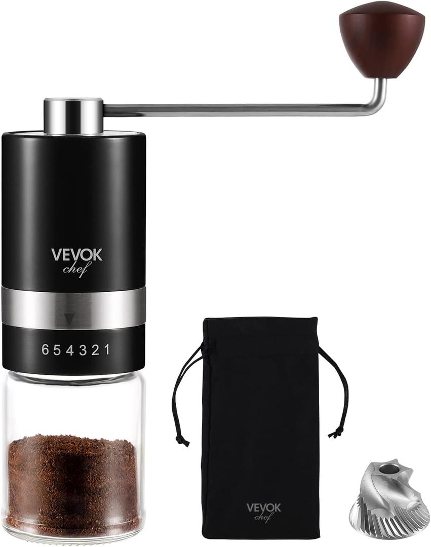 VEVOK CHEF Manual Coffee Grinder Hand Coffee Grinder 6 External Adjustable Setting Stainless Steel Conical Burr Coffee Mill Portable Hand Crank Coffee Bean Grinder Fine for Espresso (Black)