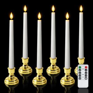 6 Pcs Window Candles with Gold Holders, Flameless Taper Candles with Remote and Timer, White LED Christmas Candle for Home Window Holiday Xmas Decor