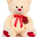 Tezituor Giant Teddy Bear Stuffed Animal 4ft - Big Teddy Bear with Love Red Heart - Large Stuffed Bear Plush Toys for Kid Christmas Birthday - Valentines Bear Gift for Girlfriend, Cream