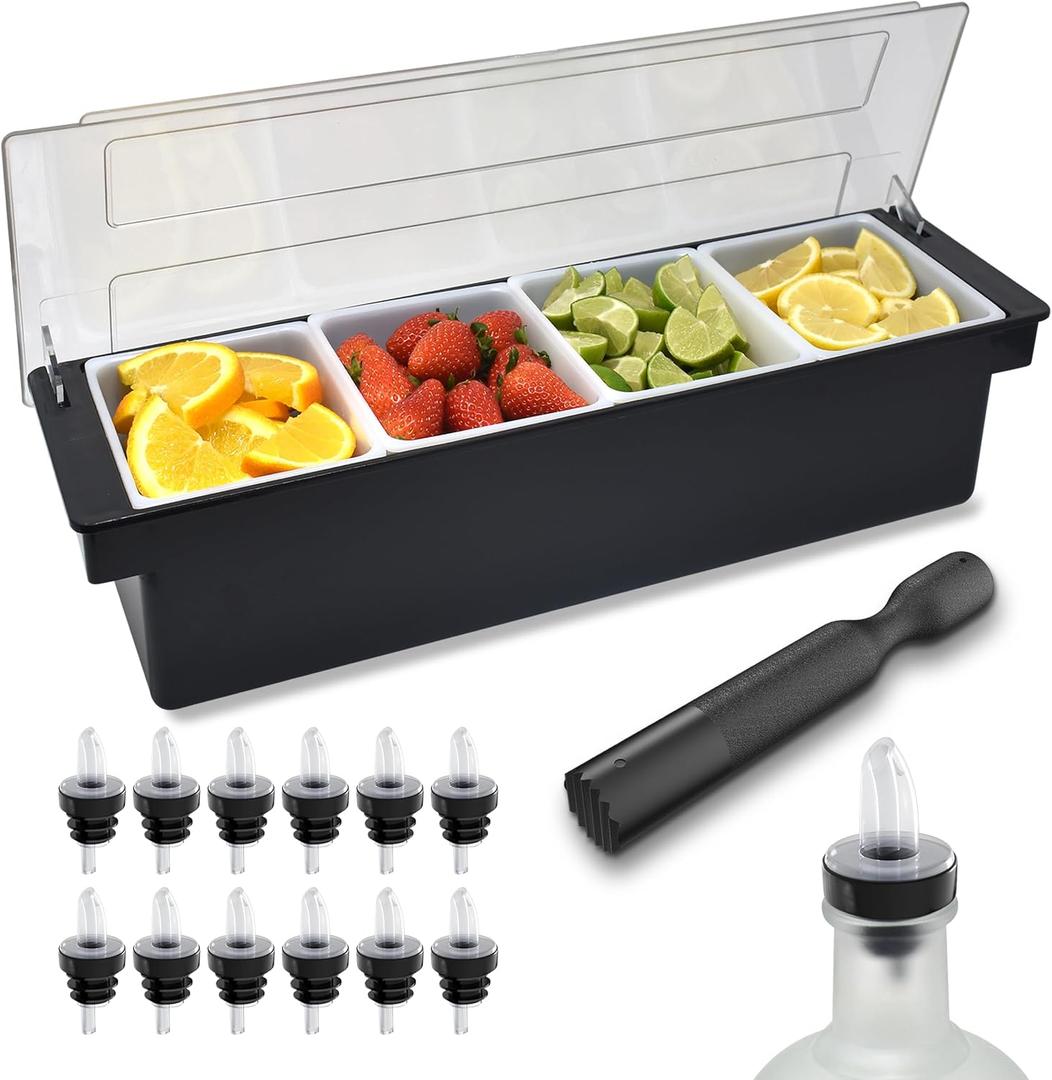 Esatto Bar Supplies Condiment containers with lids 4-1.5 Pint Bar Cart Accessories Bartender Fruit Tray Condiment Caddy Bar Tray Pizza Topping Station with 12 Pourers 12 Pourer Covers and 1 Muddler, 4 Compartments