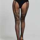 OYOANGLE Women's Floral Lace Fishnet Mesh Tights High Waisted See Through Sheer Pantyhose (Black)