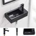 Wall Mount Corner Bathroom Sink with Faucet-Bokaiya 18 Inch Small Bathroom Sink Matte Black Porcelain Ceramic Cloakroom Mini Wall Mount Floating Vessel Sink with Faucet and Drain Combo, Right Hand, 18" L X 9.8" W