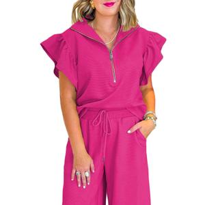 SELINK Two Piece Sets for Women Summer Outfits Ruffle Cap Sleeve Zip Top Wide Leg Pants Lounge Set Tracksuits (XX-Large, Rose)