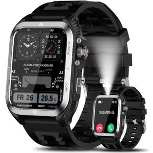 Smart Watches for Men, 1.83'' Rugged Military Smartwatch with Bluetooth Call, IP68 Waterproof Fitness Watch Tracker with 100+ Sports Modes, Flashlight, Tactical Smartwatch for Android iPhone (Black)