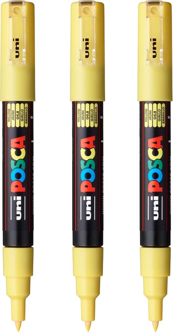 posca PC-1M Water-Based Paint Markers, Extra Fine Tip (0.7mm), Yellow, 3 Count