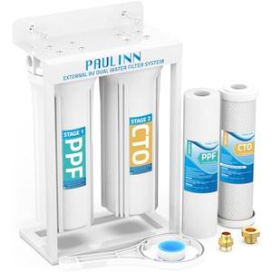 PAULINN External RV Dual Water Filters System, Lead-Free & BPA-Free Camper Water Filter with Brass Fittings & Mounting Bracket & Two Filters, Reduces Sediment, Chlorine, Bad Taste and Odors