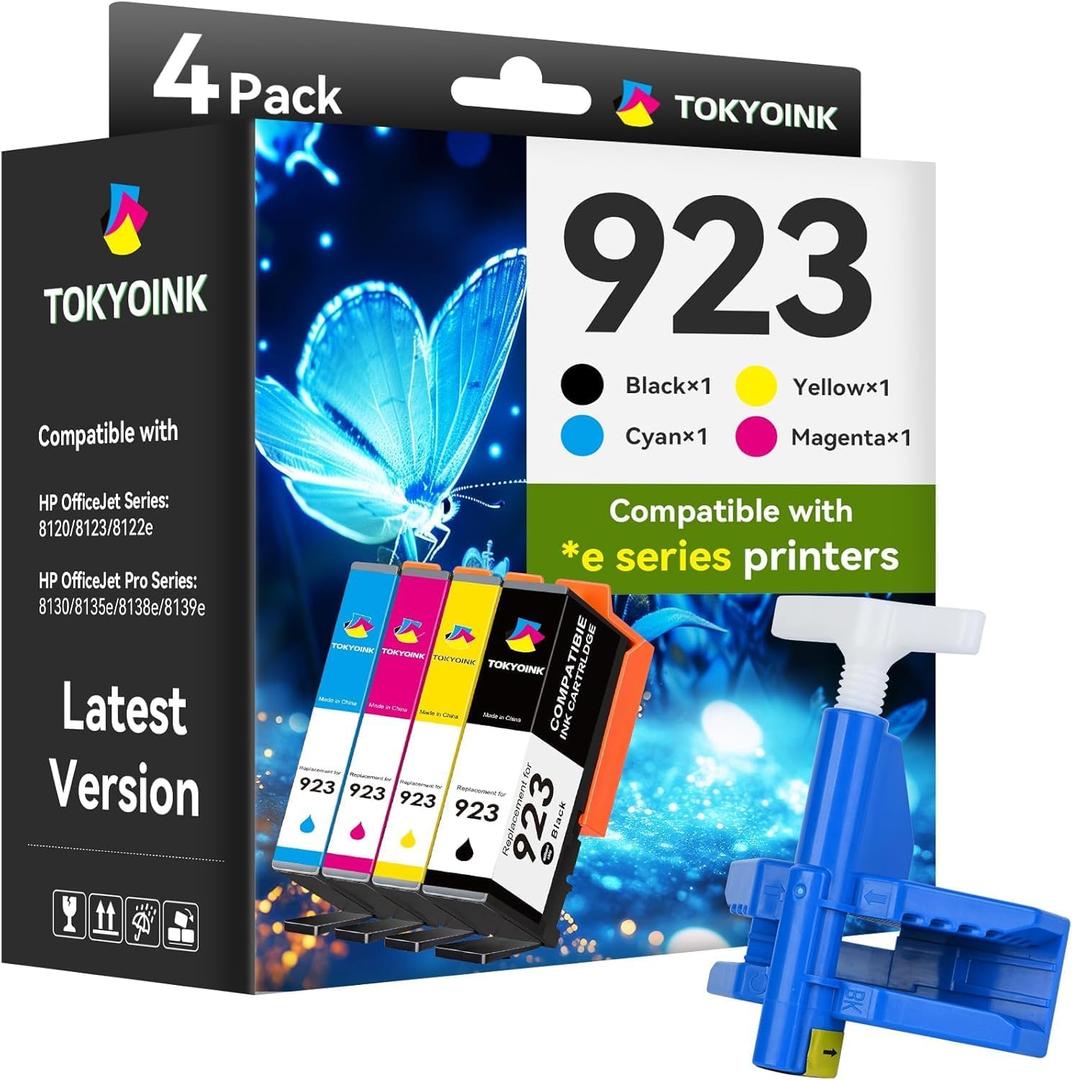 TOKYOINK 923 Ink Cartridges for HP Printers Compatible for HP 923 HP923 Ink Cartridges Work for OfficeJet Pro 8130e 8125e 8135e 8138e 8120e 8132e No Chip (Black Cyan Magenta Yellow) Upgraded Tool