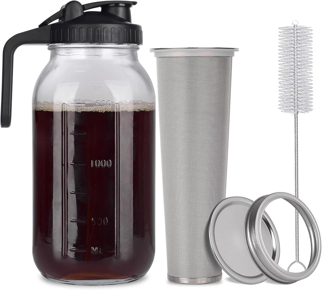 Cold Brew Mason Jar iced Coffee Maker, Durable Glass, - 64 oz (2 Quart / 1.9 Liter), With Handle& Stainless Steel Filter for Iced Brew Coffee, Lemonade, Ice Tea, Homemade Fruit Drinks Container (Black)