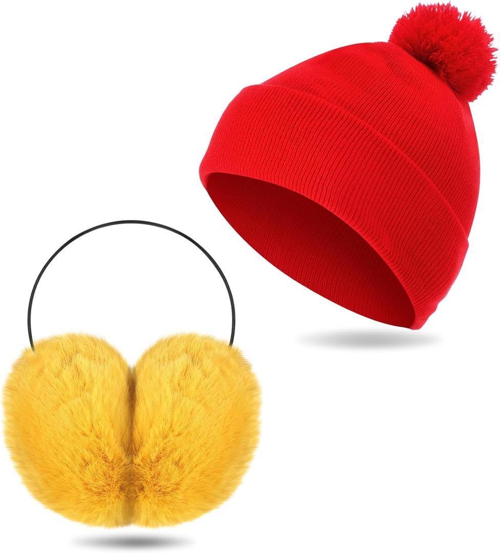 Toulite 2 Pcs Christmas Adult Knit Beanie Unisex Ear Muffs Set Winter Red Warm Snug Knit Hat Yellow Ear Warmers Cute Faux Fur Ear Covers Headband For Men Women Cosplay Parties Outdoor Gifts
