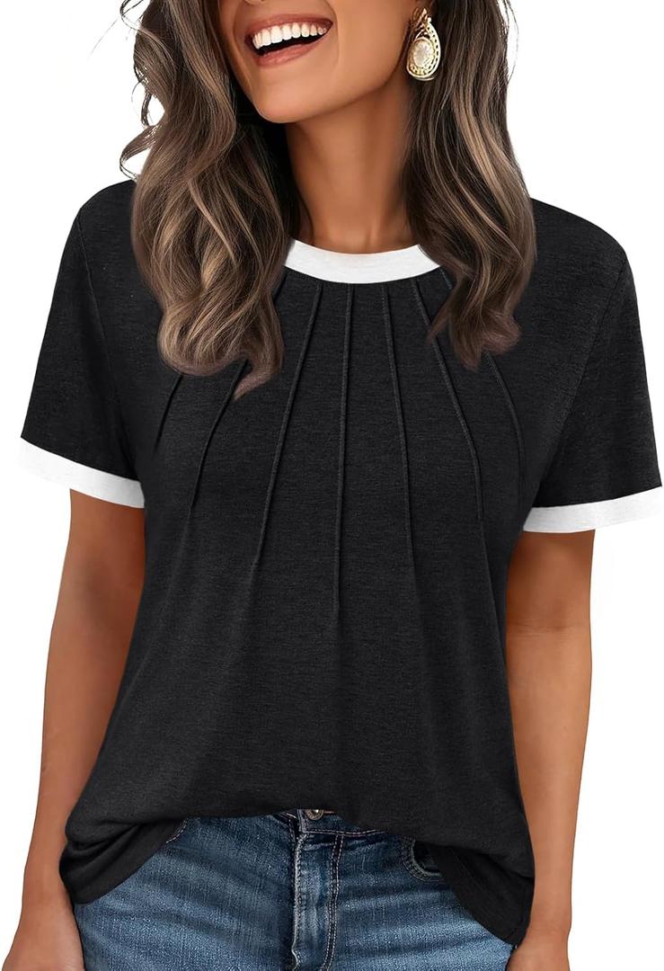 AUTOMET Womens Shirts Short Sleeve Tops Business Casual Tee Spring Summer Clothes Trendy Fashion Dressy Blouses Outfits 2026 (Black, M)