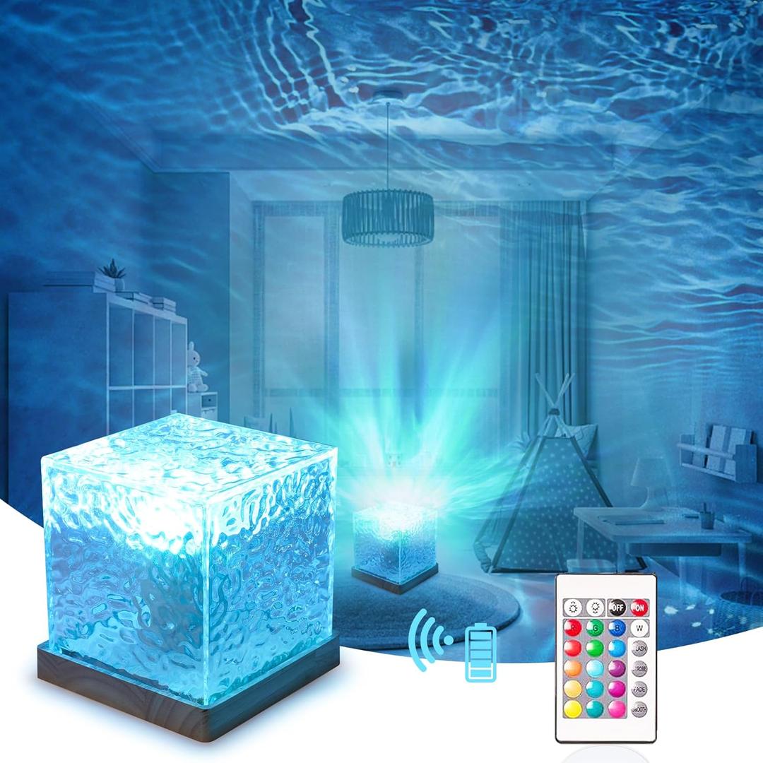 RICHMYC Northern Lights Ocean Wave Projector Light, 16 Colors Gradual Rotating Flame Water Ripple Lamp, Aurora Night Light with Remote Control for Office Bedroom Bar Restaurant (Wood)