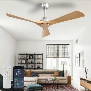 Ceiling Fan Without Light: 52 Inch 3 Blade Indoor Outdoor Fan for Patios - Wood Ceiling Fan No Light Remote APP Control Reversible 6 Speed Timer Noiseless