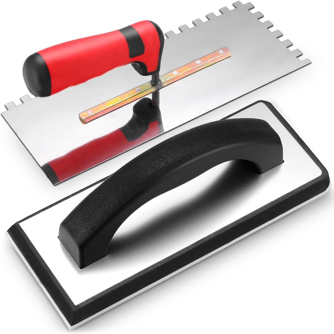 5/16 Tile Tools Stainless Steel Square Notch Trowel Set Plus Rubber Grout Float Made of Premium Stainless Steel for Tile Cement, Concrete, Masonry Installation Work